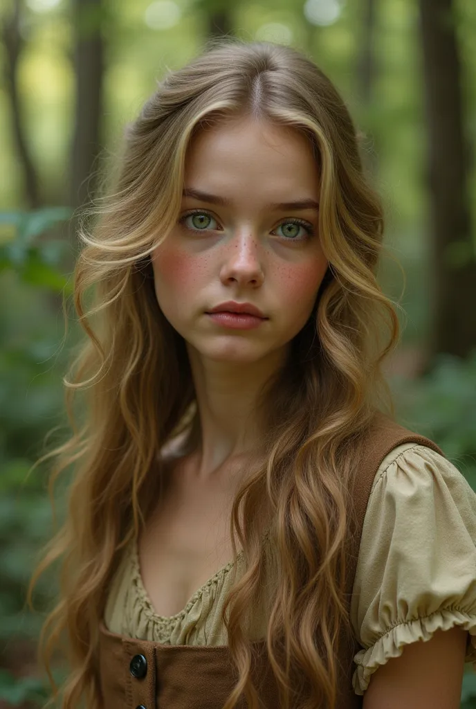 A realistic image of an eighteen year old girl from the 1930s. Adeline has a quiet, understated beauty—one that most people overlook at first but lingers in the mind once noticed. Her long dark blonde hair, always has a soft wave to it. Her vivid green eye...