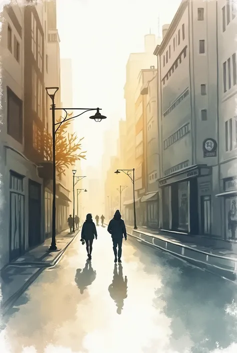    minimalistic sketch of urban illustration  ,    created with watercolor with soft diffusing effects . .    The atmosphere is poetic   ,   Light plays on wet sidewalks   . The colors are subtle     .