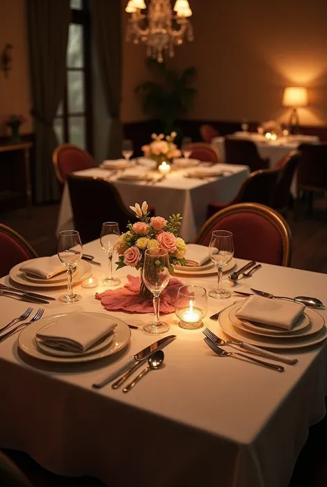 Creates a romantic dining table for two viewed from above