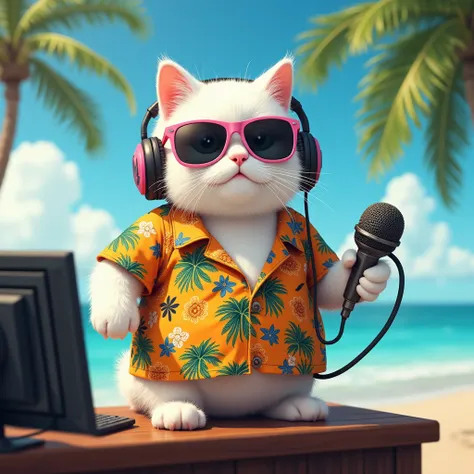 A fat white cat wearing sunglasses is wearing smart headphones with a microphone on a radio booth、 Hawaiian shirt with loud headphones holding a microphone
Become an MC on a radio booth on a Hawaiian beach