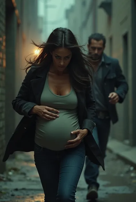 Pregnant woman with worried countenance running away from a thug.