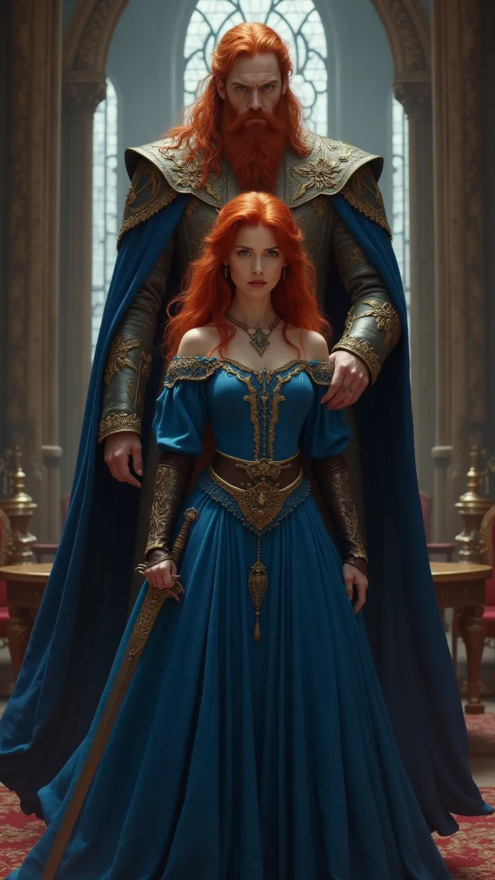 Medieval redhead in a castle room with a sword and in a blue dress, behind her is a tall king with red hair and a beard