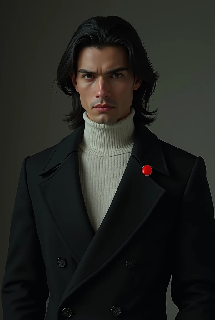  man.dark hair in medium flow hairstyle,white turtleneck,with a black towncoat,red lapel pin