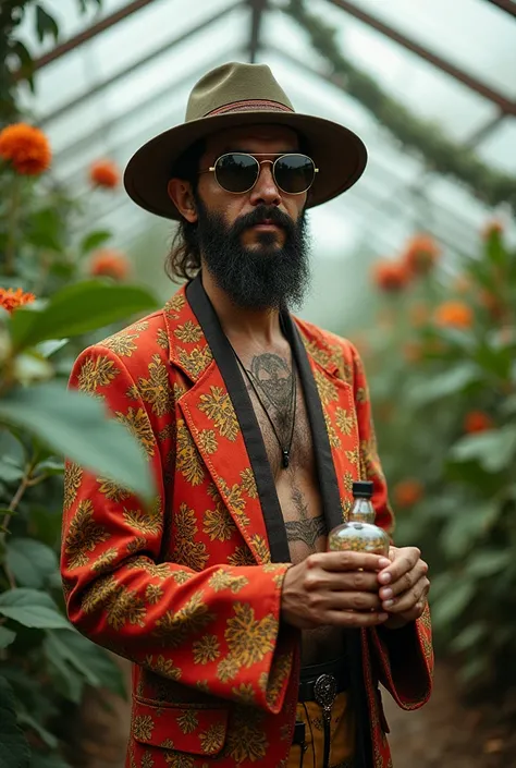 araffe man in a hat and sunglasses holding a drink in a greenhouse, a portrait inspired by Eiichiro Oda, unsplash, maximalism, psychedelic organic shaman, ayahuasca shaman, shpongle, full body potrait holding bottle, solarpunk human, psychedelic shaman, so...