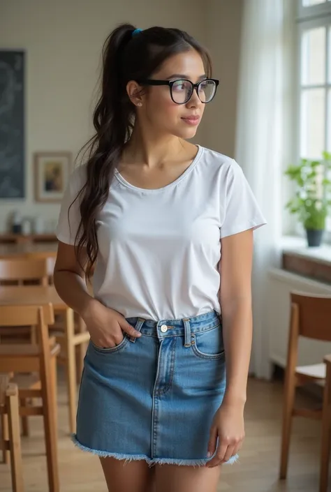 A town young big girl with specs and tied hair in a ponytail wearing white tshirt and blue mini skirt. Her teacher was impressed by her, big thighs, huge breasts, jaillbait 