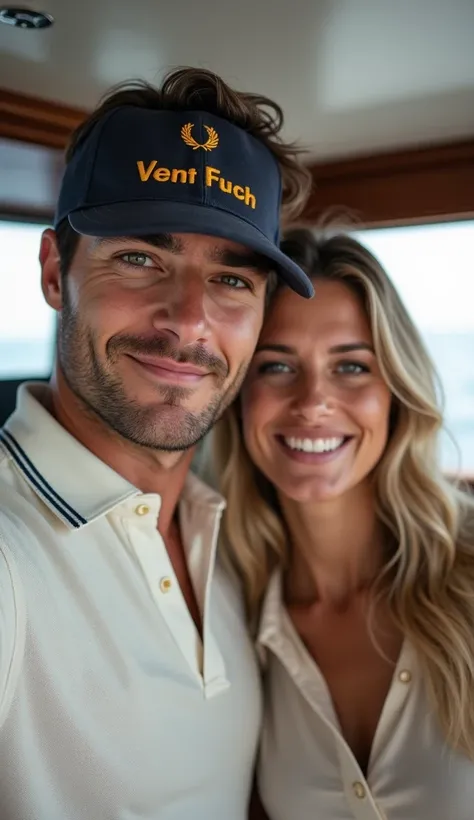 Man with dark brown hair and brown eyes wearing a Fred Perry polo shirt with a von dutch cap along with a woman with blonde green eyes and long hair inside a 16k ultra-realistic photorealistic super detailed yacht  taking a selfie 