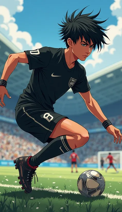 soccer player, black hair, rocker, bracelet, black uniform, anime style