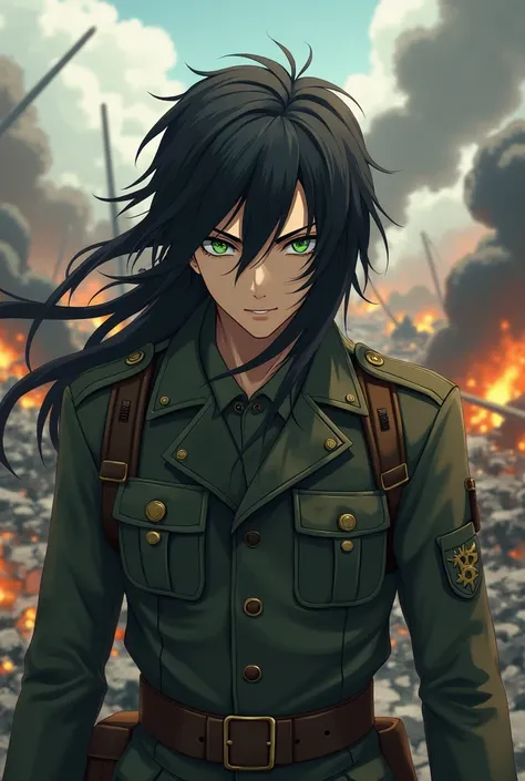  an anime character, Man with long black hair and green eyes, wearing military clothing in the middle of the war 