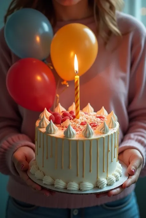 a close up of a person holding a cake with balloons, a colorized photo inspired by Sarper Baran, instagram, hurufiyya, tiktok video, holding a birthday cake, eating cakes, low quality video, 1 , with instagram filters, 😭🤮 💔, 18 years old, 😭 🤮 💕 🎀, very ver...