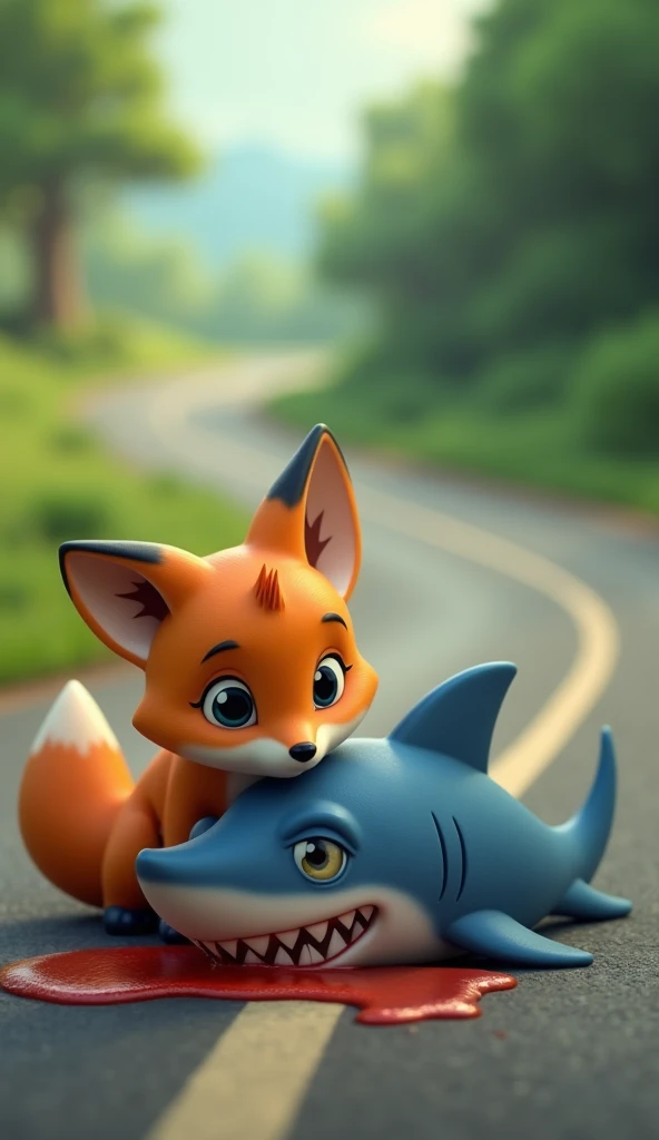 On a winding road, a baby fox in 3d cartoon, and a baby shark in 3d cartoon. The fox has a concerned and curious expression as it leans down toward the shark, which appears weak or injured. The setting remains dramatic, with the road stretching into the di...