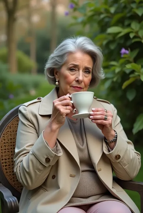 Dame anglaise de 53 ans, In beige trench coat , coupe courte grise soignée,  sitting in a garden drinking tea with a wise expression, (( better quality)), (( work of art)), ( girl), to do, visage parfait, Women, trendy long hair , (Texture de peau réelle:1...