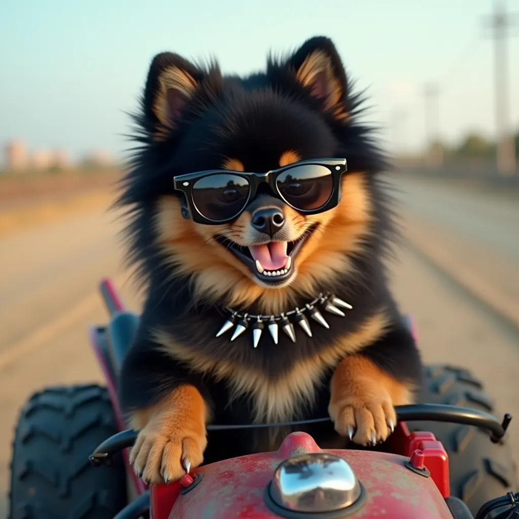 A black and tan pomeranian cub riding monster truck, with a joyful smile on her face.  He is wearing sunglasses and spike necklace, giving a touch of rudeness. The scene conveys emotion,  fun and an atmosphere of freedom 