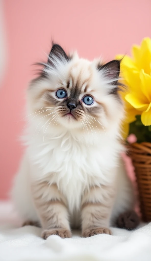  An adorable Persian cat puppy ,  with fluffy and voluminous coat in shades of white ,  gray and light brown cushions .  Her eyes are large , bright blue ,  conveying a sweet and curious expression .  It sits on a soft surface , next to a wicker basket wit...