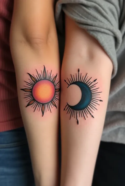 Tattoo between friends :  one will have the sun and the other a half moon .  The sun and the moon must be united only that one will have more emphasis on the moon and the other the sun 