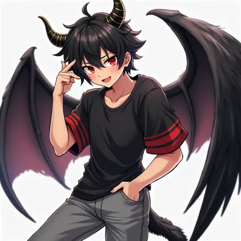 An boy with black hair and black horns with  gold jeewels. He has red eyes. And black wings with red outline. He has gray cargos and black shirt that has red stripes on sleeves. He has an fluff tail, make him in anime style and very hot and sexy. Posing, s...