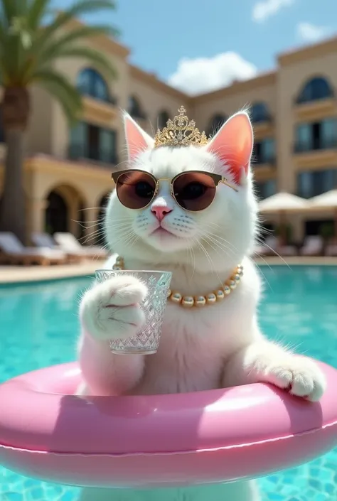  Create a real image of a white cat wearing sunglasses holding a crystal drinking cup with her paw while drinking inside a pool.  in the background is a luxurious 5-star hotel . She wears pearls and crown . In a wide pink lifesaver. 