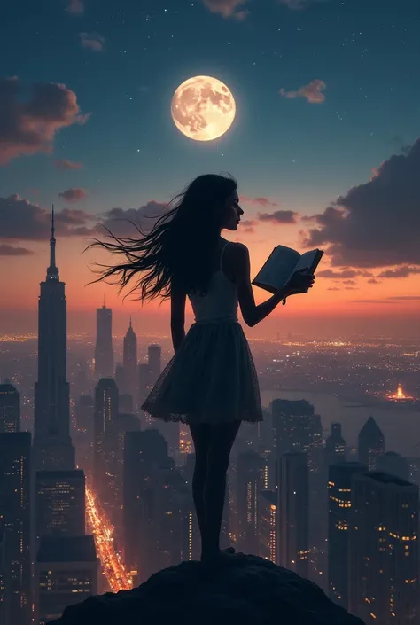  A female figure with her back ,  standing on top of a skyscraper in an illuminated city . The view is wide , with tall buildings.  her hair moves with the wind .

 In one of his hands he holds an open book ,  with some pages flying ,  In the other ,  he h...