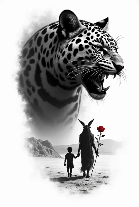 I want a black and white image for a tattoo that has the face of an angry jaguar, an Anubis with a rose and the silhouette of a father and son walking in the desert