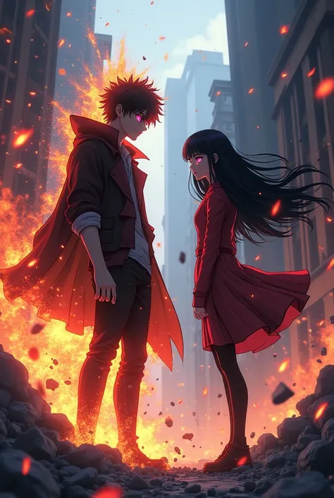 Bakugo Katsuki with a girl with black hair and pink eyes