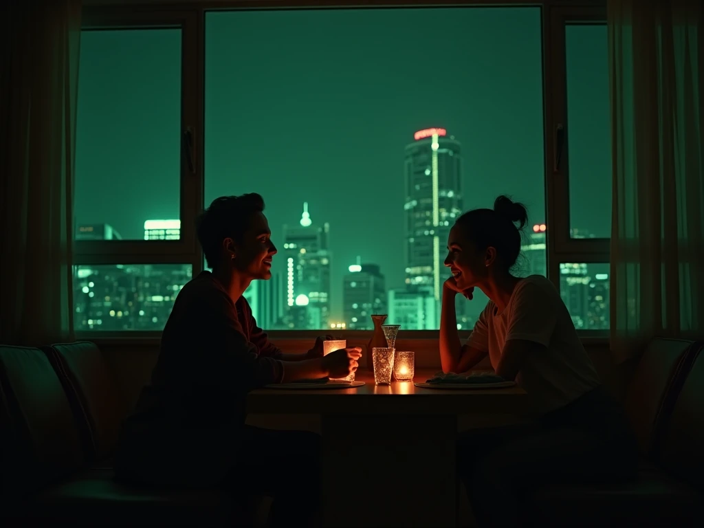 Alta qualidade, alta resolução, qualidade de cinema, 8k, padrão LinkedIn, ar sóbrio, elegante, preto, cinza e um pouco de verde neon, A couple sit on the table chilling, warming vibe, in a living room, wall background with window and a soft light get in, h...