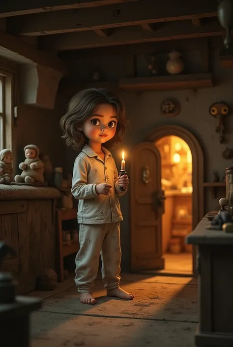 "A shy girl in pajamas stands in a dusty attic, holding a candle. Behind her, a small hidden door glows with golden light, revealing a magical room with antique toys. Whimsical, soft lighting, detailed textures."