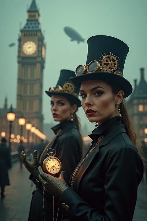 A foggy steampunk London, where Big Ben is reimagined with intricate brass gears and steam vents. Airships hover in the sky, and glowing tubes line the streets. A mysterious sexy two woman in Victorian attire stands in the foreground, one of holding a pock...