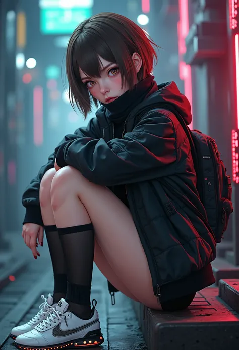 1 anime girl,  short brown hair, eyes color Bob Stile with both eyes hidden,black cyberpunk jacket, short black skirt, white futuristic shoes ,  black balaclava on the neck 