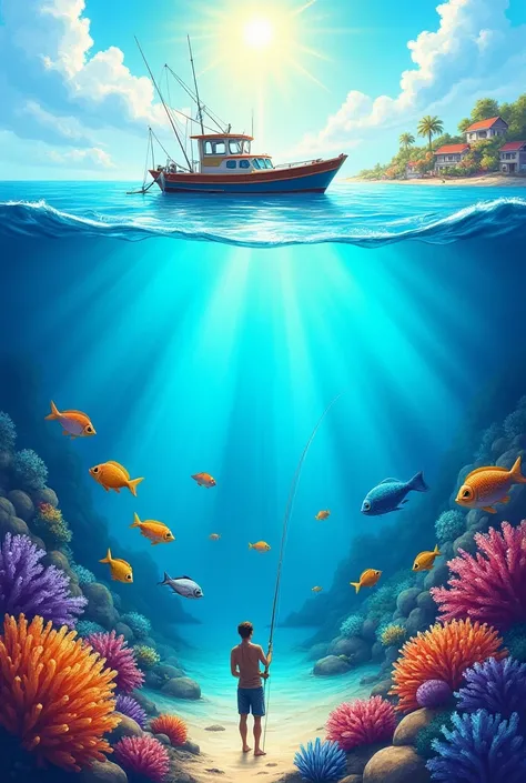 Easy to draw painting showing a sea divided into two halves. Underwater a group of colorful fish swim near a coral reef. The fish are a variety of colors, including yellow, orange, blue, and purple. The coral reefs appear in different shapes and colors, ad...