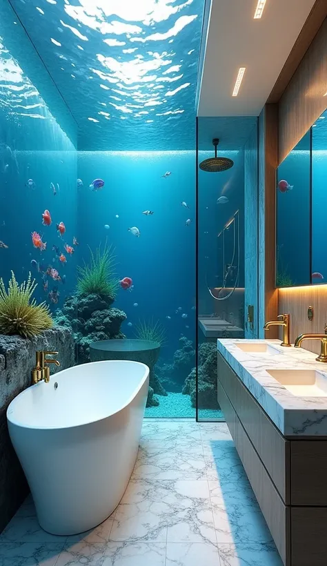 A high-end bathroom where the walls, bathtub, and even parts of the floor are made of transparent fish tanks. Elegant tropical fish, jellyfish, and coral structures create a mesmerizing underwater effect. The bathroom features a rain shower, marble counter...