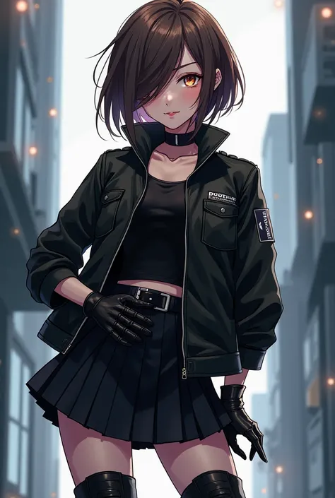 1 anime girl,  short brown hair,(Bob Stile colored eyes with both eyes hidden by brown hair),black cyberpunk jacket, short black skirt,black boots,  black gloves , anime style 