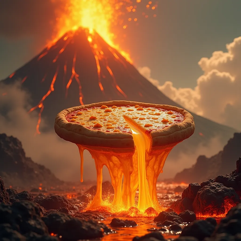 pizza middle in the volcano into cheese