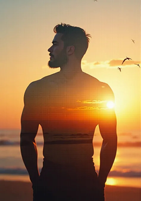 high quality, 8K Ultra HD, A beautiful double exposure that combines an handsome male short beard ,  silhouette with sunset coast, sunset coast should serve as the underlying backdrop, with its details incorporated into the handsome male  , crisp lines, Th...