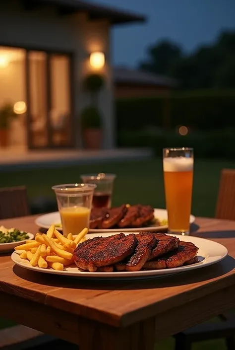 Crie a imagem a night de uma mesa de madeira e em cima dois pratos elegante de carne cortada de churrasco. A jar with vinaigrette. french fries. two . Glass of cold beer. a body of natural juice . Em cima de uma mesa de madeira em uma fazenda a night. Roma...