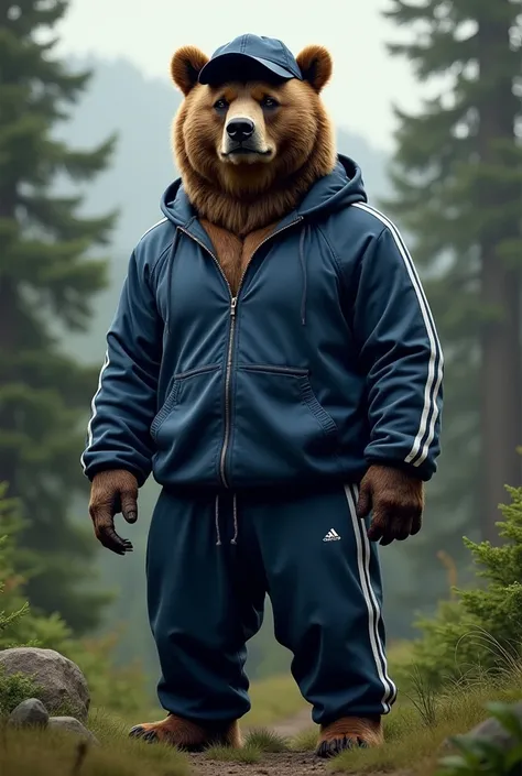 Realistic bear wearing a tracksuit and cap