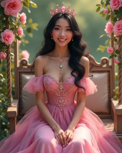 A brunette princess with wavy black waist-length hair wearing a pink dress highlighting her breasts, a beautiful gemstone crown on your head, sitting on a swing covered with flowers in a flowery garden smiling , high resolution,  is the best quality, detai...