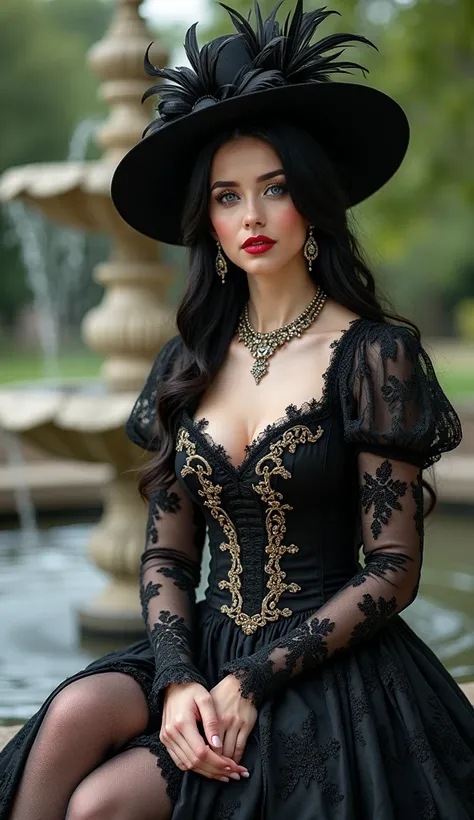  The full height of a beautiful girl with a gorgeous hourglass figure 30-37 years old, she is a countess ,  sits on a bench next to a fountain in the palace garden , plump lips,  red lipstick , black hair, pale skin electric blue eyes,precious necklace,  o...