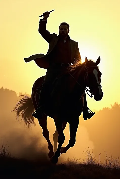 The silhouette of a man with one hand raised holding a pen on a running horse