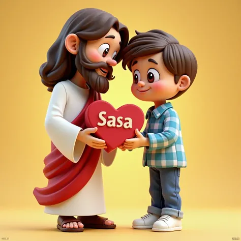 A 3D cartoon picture of Jesus wearing his white and red clothes. Next to his right is a boy. Jesus gives the boy a gift heart box, in front of them is written a name "Sasa " Three-dimensional in wood, the boy wears a blue shirt with a white plaid, jeans an...