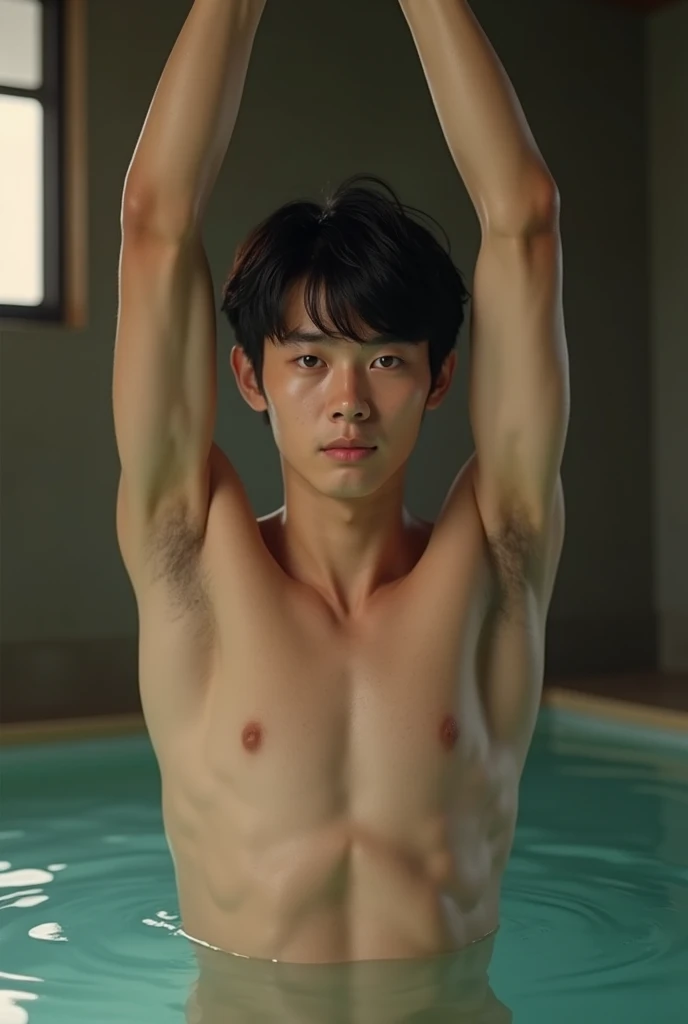 realistic, photographic, 20 years old boy, lean skinny body, twink, handsome, Japanese, short hair, hairy navel, hairy thighs, taking a bath, raise arms, face forward, 