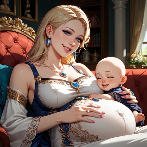 (( top quality)), (( Masterpiece)), ( Details), （ perfect face ）、Fiona Berry, a blonde pregnant woman holding a baby, wears a maternity dress and is wearing an engagement ring where she is smiling gently and snuggling up with an old man in a bald robe, fee...