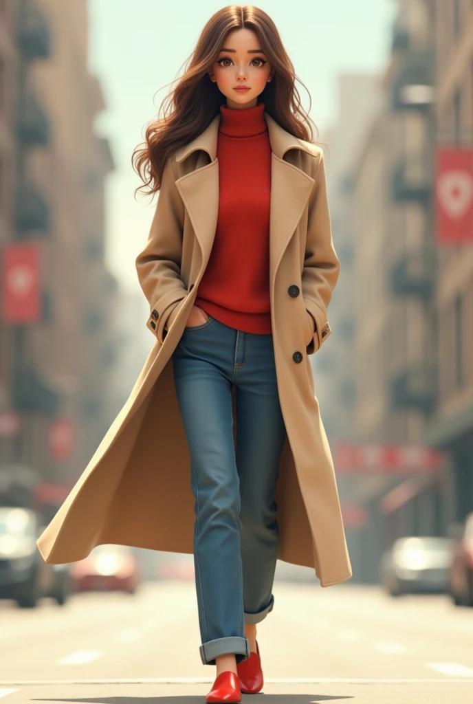 3d animated young woman wears an oversized beige trench coat over a soft cream turtleneck red sweater and relaxed fit blue jeans her long hair is styled in loose big sparkling eyes and wearning red long shoes.
Her gaze was fixed downward, but her thoughts ...