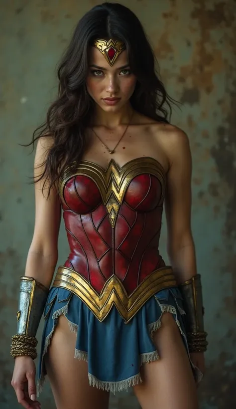   Live Action 、  Picture of a young Japanese woman from Wonder Woman  、    Picture of a man and Wonder Woman and a man's needle   ,    Strangled in the chest with a sword      ,  Expression of deep pain      ,  dramatic, dramatic tragedy  ,       blood is ...