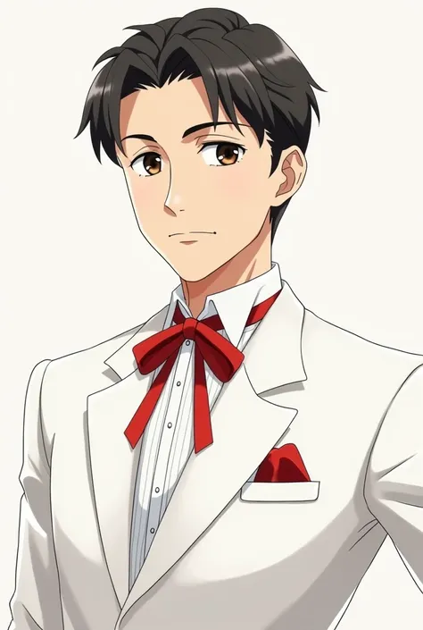 a man, with normal face ,  brown eyes, hair for the left side,  medium-short hair,  black hair, with white tuxedo, with a red ribbon and that it is animated in the anime style ,