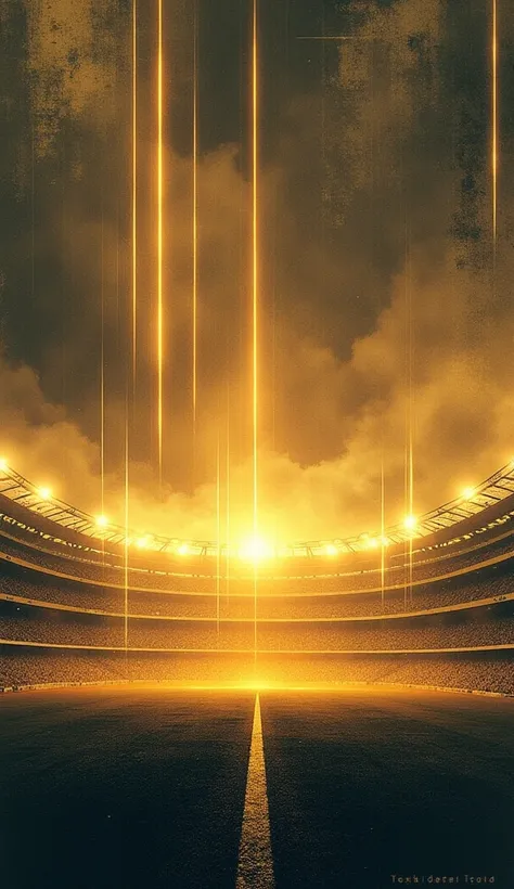 "A minimalist poster, featuring a football stadium, with neon and smoke behind. The stadium has bright, crisp lighting cutting across a grainy, textured background, the light forming golden rays. The composition combines halftone textures, heavy contrast, ...