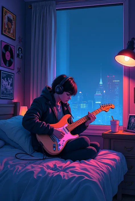  A digital animation in the style of Lo-Fi Art ,  with soft lines and vibrant colors ,  similar to the reference image .  The scene shows a rock student inside his room at ,  using large headphones and a black leather jacket .  He is sitting at the table o...