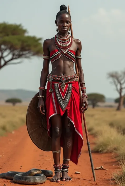 hyper realistic image, high resolution, full-length photo; Maasai warrior; woman with a very athletic figure, with a muscular body; she wears a strip of red and black fabric around her chest; she wears a red skirt bordered by a belt (white with red stripes...