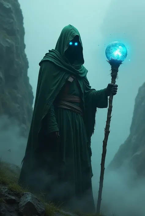 Aqui está um prompt detalhado em inglês para gerar uma imagem fiel no outro app de IA:

Prompt:
A mysterious hooded figure stands in a foggy, mountainous landscape. The figure wears a long, tattered dark green cloak with intricate folds and a weathered tex...