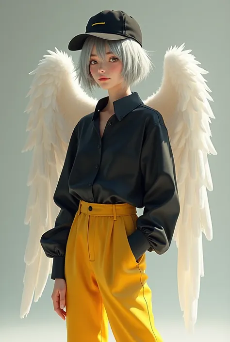 Female avatar short gray hair with a black cap black shirt with purple short yellow angelic pants white shoe