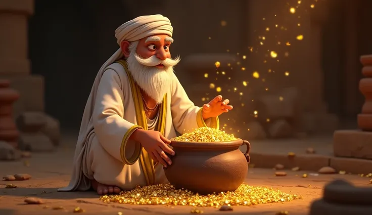 Rahmat Khan put glitter shining gold filled with diamonds into the pot.Rahmat Khan, an old man with pale skin, white beard, and mustache, wearing a white Muslim village dhoti and kurta, Disney animation pixer's 3d 
