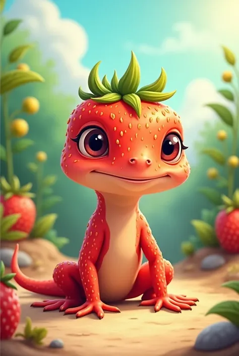 " A hybrid between a lizard and a strawberry ,  designed in a vibrant and adorable cartoon style .  Its body is small and agile like that of a lizard ,  but with the texture and color of a ripe strawberry ,  with red skin covered with small yellow seeds . ...